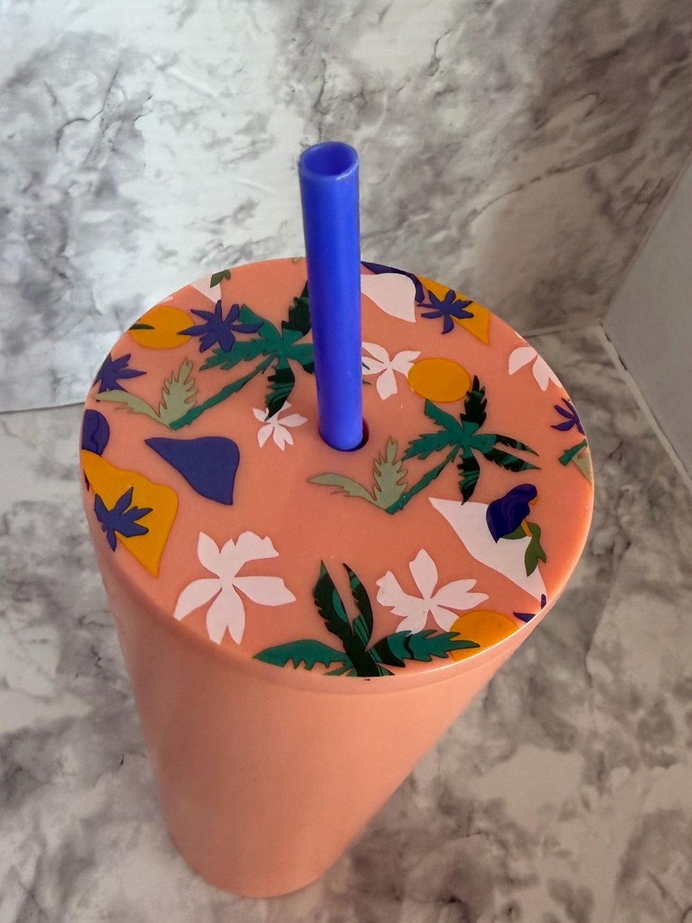 Starbucks Peach Matte Tumbler with Floral Lid and Blue Straw - Picture 3 of 4